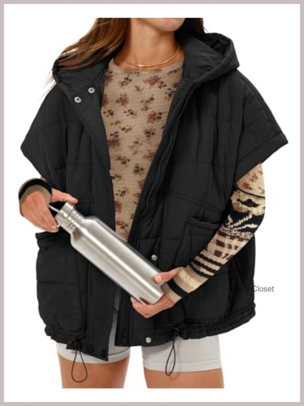 Oversized Quilted Puffer Vest Hooded Zip Front Sleeveless Winter Jacket